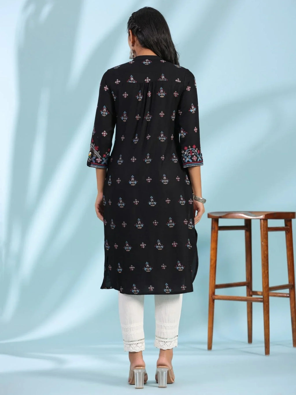 Black Ethnic Motif Printed Rayon Calf Length Straight Kurta for Women with Kaudis, Kantha Work & Sequins | Premium Festive Wear