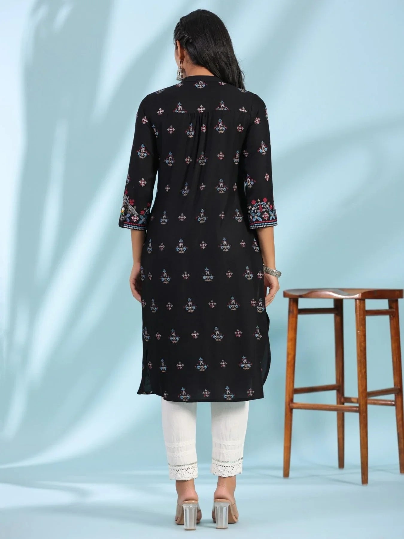 Black Ethnic Motif Printed Rayon Calf Length Straight Kurta for Women with Kaudis, Kantha Work & Sequins | Premium Festive Wear