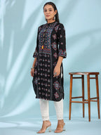 Black Ethnic Motif Printed Rayon Calf Length Straight Kurta for Women with Kaudis, Kantha Work & Sequins | Premium Festive Wear
