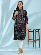 Black Ethnic Motif Printed Rayon Calf Length Straight Kurta for Women with Kaudis, Kantha Work & Sequins | Premium Festive Wear