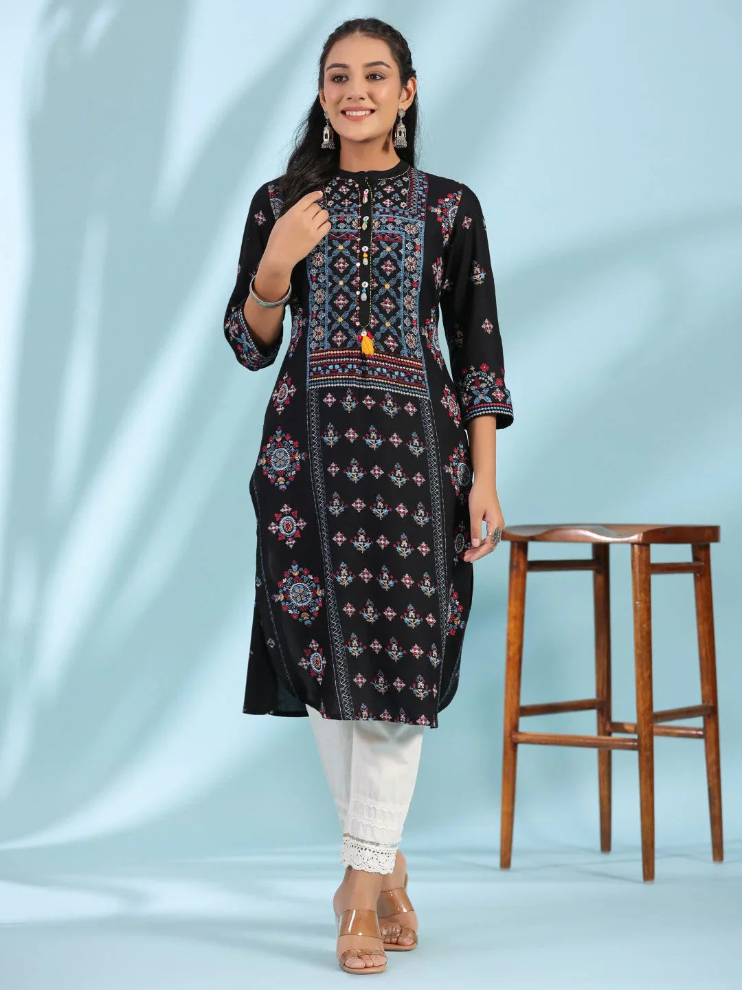 Black Ethnic Motif Printed Rayon Calf Length Straight Kurta for Women with Kaudis, Kantha Work & Sequins | Premium Festive Wear