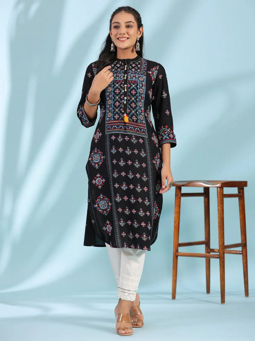 Black Ethnic Motif Printed Rayon Calf Length Straight Kurta for Women with Kaudis, Kantha Work & Sequins | Premium Festive Wear
