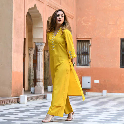 Yellow Mirror Work Cotton Kurta Palazzo Set for Women | Festive Ethnic Wear
