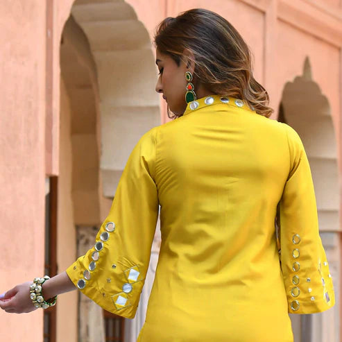 Yellow Mirror Work Cotton Kurta Palazzo Set for Women | Festive Ethnic Wear