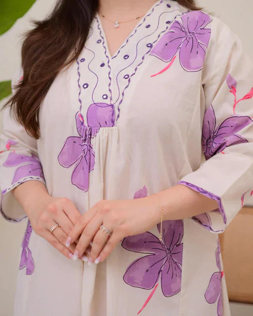 Off White Floral Printed Cotton Kurta & Palazzo Set for Women | Elegant Summer Ethnic Wear