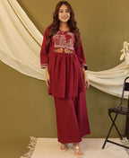 Maroon Embroidered Cotton Co-Ord Set for Women | Chic Modern Ethnic Wear