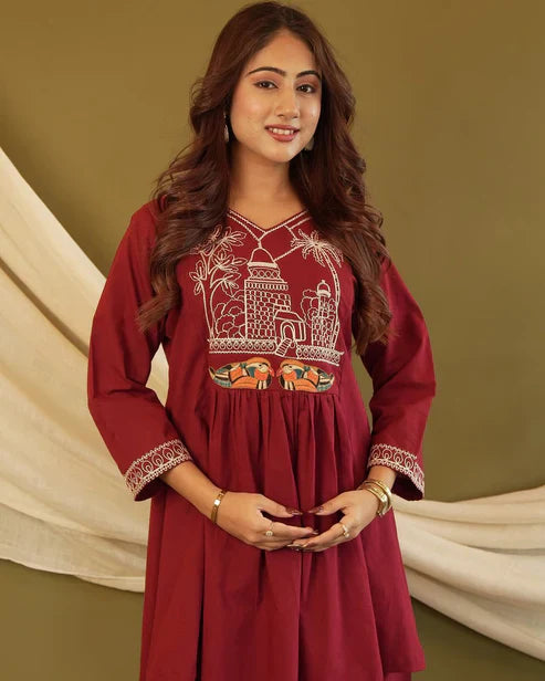 Maroon Embroidered Cotton Co-Ord Set for Women | Chic Modern Ethnic Wear