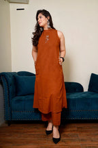 Brown Rust Embroidered Cotton Sleeveless Kurta & Pant Set for Women | Chic Modern Ethnic Wear
