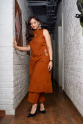Brown Rust Embroidered Cotton Sleeveless Kurta & Pant Set for Women | Chic Modern Ethnic Wear