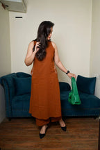Brown Rust Embroidered Cotton Sleeveless Kurta & Pant Set for Women | Chic Modern Ethnic Wear