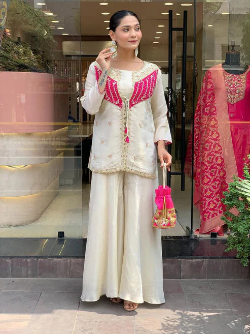 Off White Embroidered Roman Silk Kurta & Palazzo Set for Women | Luxury Festive Wear
