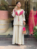 Off White Embroidered Roman Silk Kurta & Palazzo Set for Women | Luxury Festive Wear