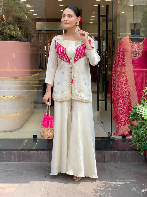 Off White Embroidered Roman Silk Kurta & Palazzo Set for Women | Luxury Festive Wear
