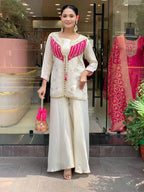 Off White Embroidered Roman Silk Kurta & Palazzo Set for Women | Luxury Festive Wear