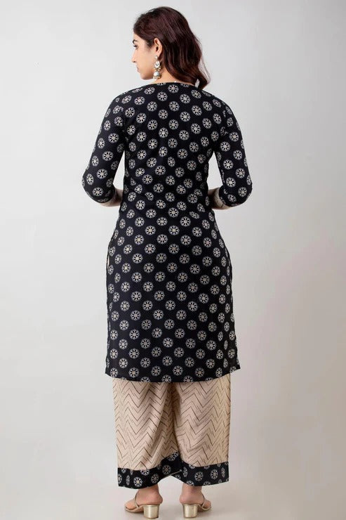 Black Ethnic Motifs Printed Kurta & Palazzo Set for Women | Elegant Festive & Everyday Wear