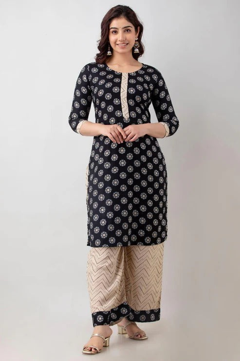 Black Ethnic Motifs Printed Kurta & Palazzo Set for Women | Elegant Festive & Everyday Wear