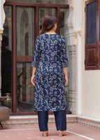 Navy Blue Ethnic Motifs Printed Rayon Kurta Set for Women | Elegant Everyday & Festive Wear