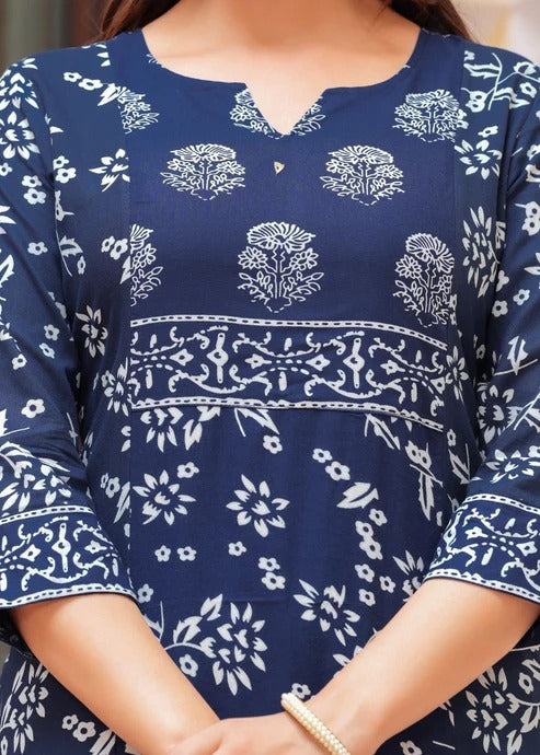 Navy Blue Ethnic Motifs Printed Rayon Kurta Set for Women | Elegant Everyday & Festive Wear