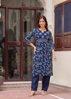 Navy Blue Ethnic Motifs Printed Rayon Kurta Set for Women | Elegant Everyday & Festive Wear