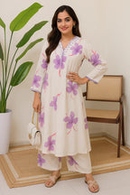 Off White Floral Printed Cotton Kurta & Palazzo Set for Women | Elegant Summer Ethnic Wear