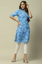 Blue Floral Rayon Straight Kurta for Women | Casual Elegant Wear