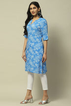 Blue Floral Rayon Straight Kurta for Women | Casual Elegant Wear