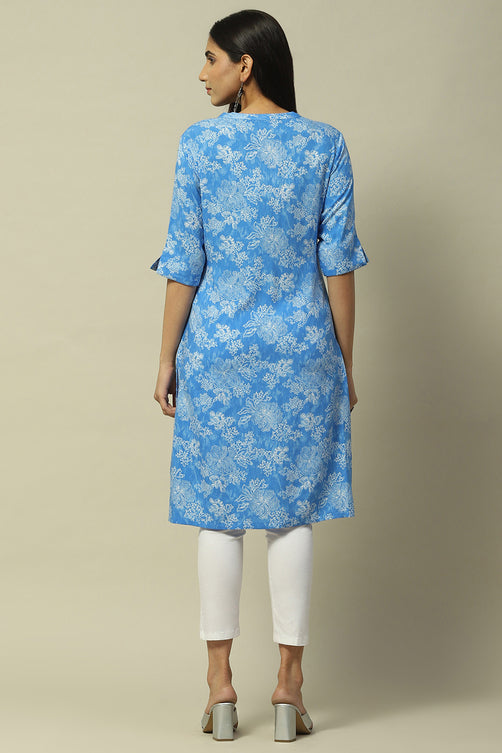 Blue Floral Rayon Straight Kurta for Women | Casual Elegant Wear