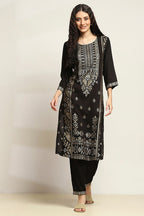 Black Viscose Rayon Printed Straight Kurta