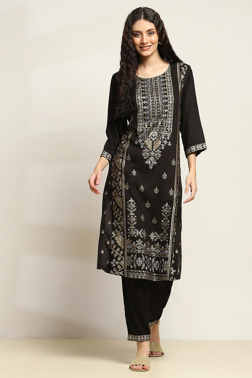Black Viscose Rayon Printed Straight Kurta