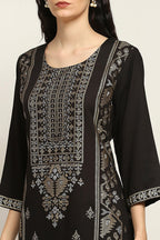 Black Viscose Rayon Printed Straight Kurta