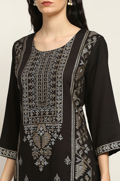 Black Viscose Rayon Printed Straight Kurta