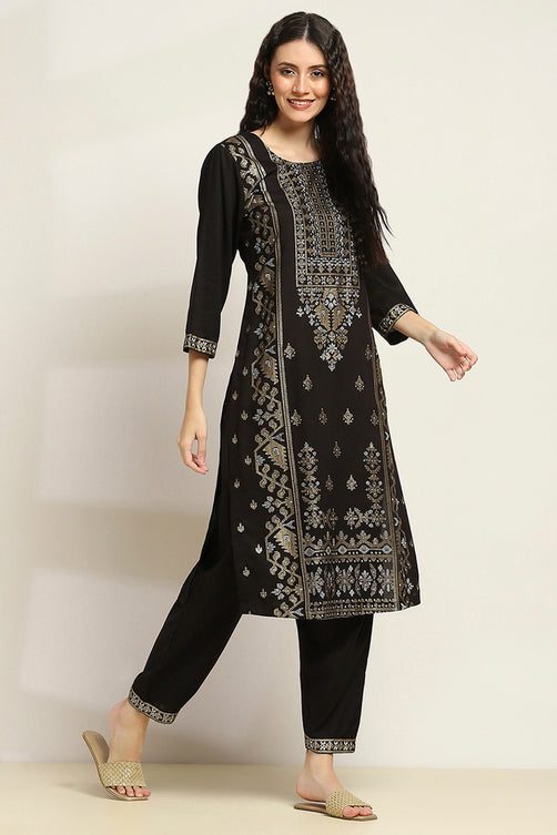 Black Viscose Rayon Printed Straight Kurta