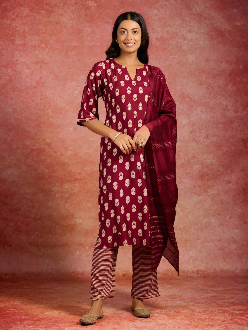 Maroon Printed Silk Blend Straight Suit Set with Dupatta | Premium Festive Wear