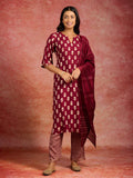 Maroon Printed Silk Blend Straight Suit Set with Dupatta | Premium Festive Wear