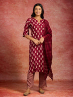 Maroon Printed Silk Blend Straight Suit Set with Dupatta | Premium Festive Wear