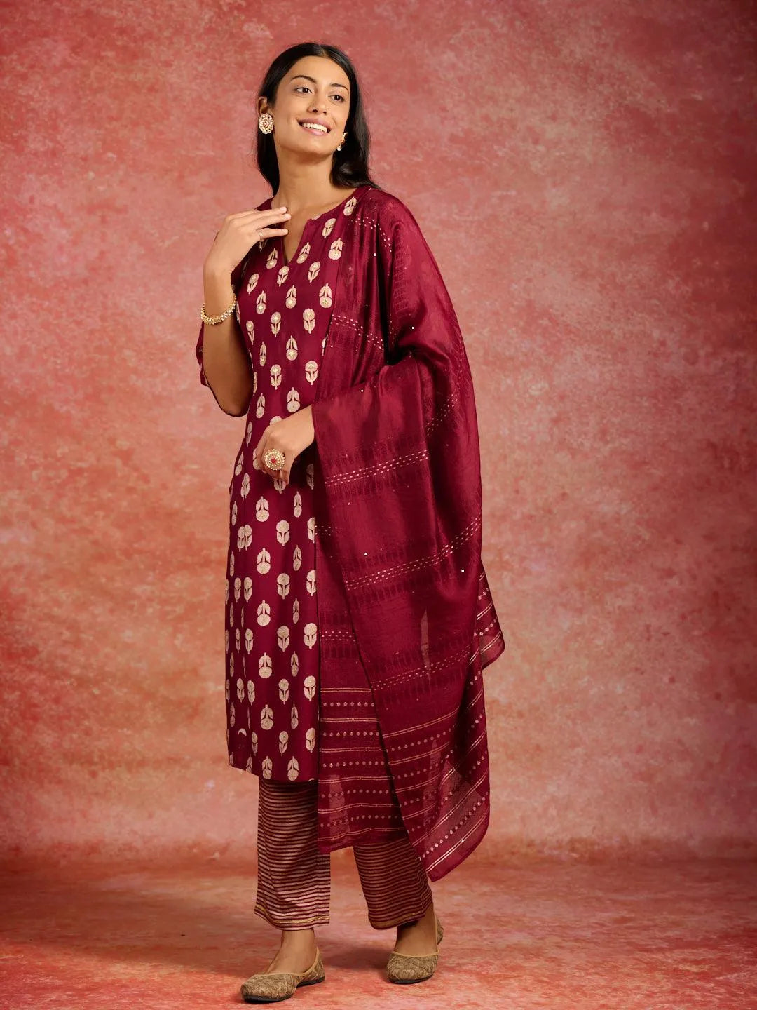 Maroon Printed Silk Blend Straight Suit Set with Dupatta | Premium Festive Wear