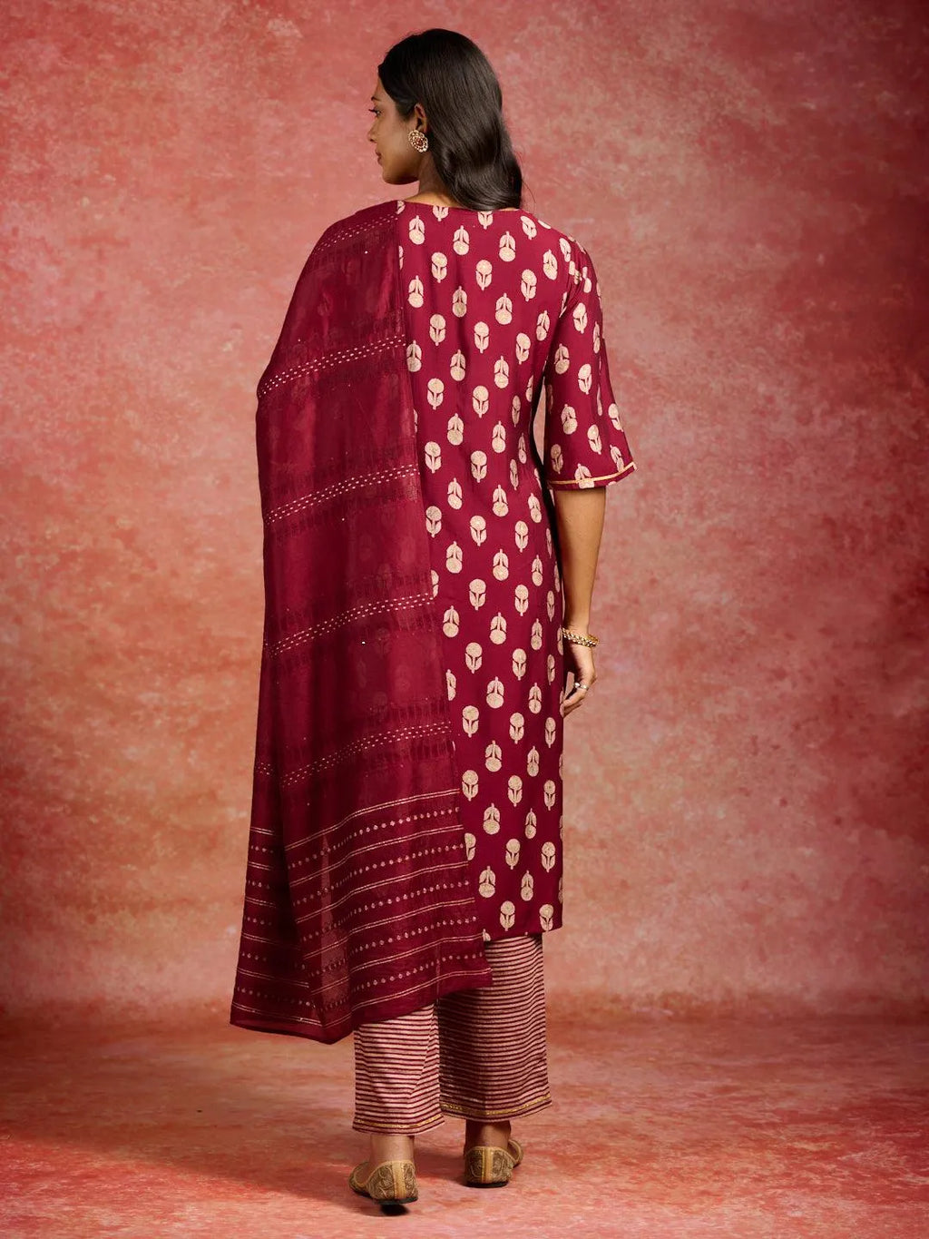 Maroon Printed Silk Blend Straight Suit Set with Dupatta | Premium Festive Wear