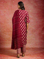 Maroon Printed Silk Blend Straight Suit Set with Dupatta | Premium Festive Wear