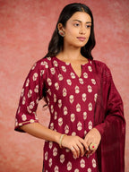Maroon Printed Silk Blend Straight Suit Set with Dupatta | Premium Festive Wear