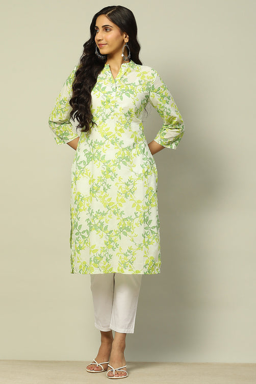 White & Green Floral Cotton Straight Kurta for Women | Elegant Everyday Wear