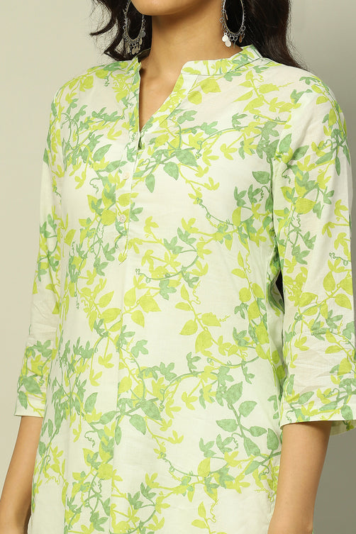 White & Green Floral Cotton Straight Kurta for Women | Elegant Everyday Wear