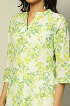White & Green Floral Cotton Straight Kurta for Women | Elegant Everyday Wear