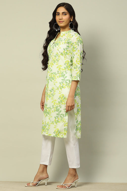White & Green Floral Cotton Straight Kurta for Women | Elegant Everyday Wear
