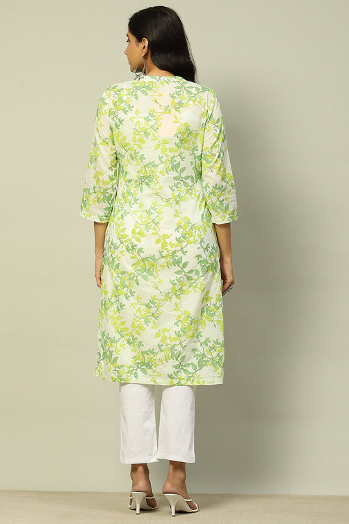 White & Green Floral Cotton Straight Kurta for Women | Elegant Everyday Wear