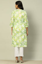 White & Green Floral Cotton Straight Kurta for Women | Elegant Everyday Wear
