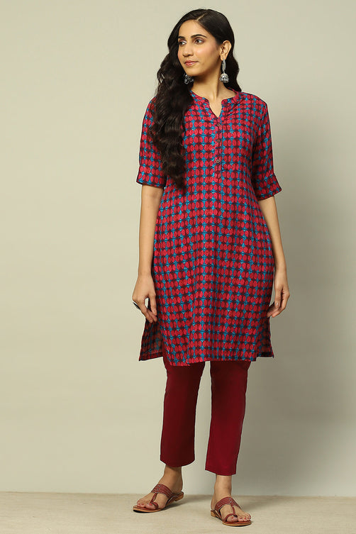 Magenta Geometric Printed Straight Kurta – Bold Elegance Edition