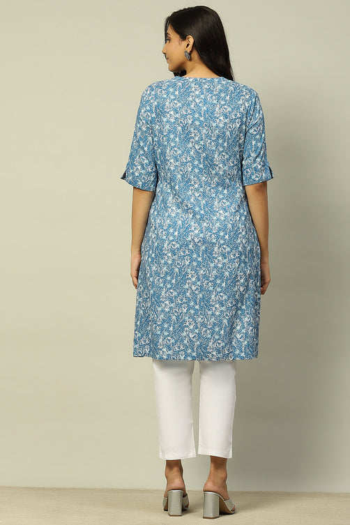 Blue & White Floral Printed Straight Kurta – Fresh Elegance Edition