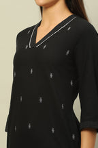 Black Cotton Jacquard Yarndyed Straight Kurta for Women | Premium Textured Ethnic Wear